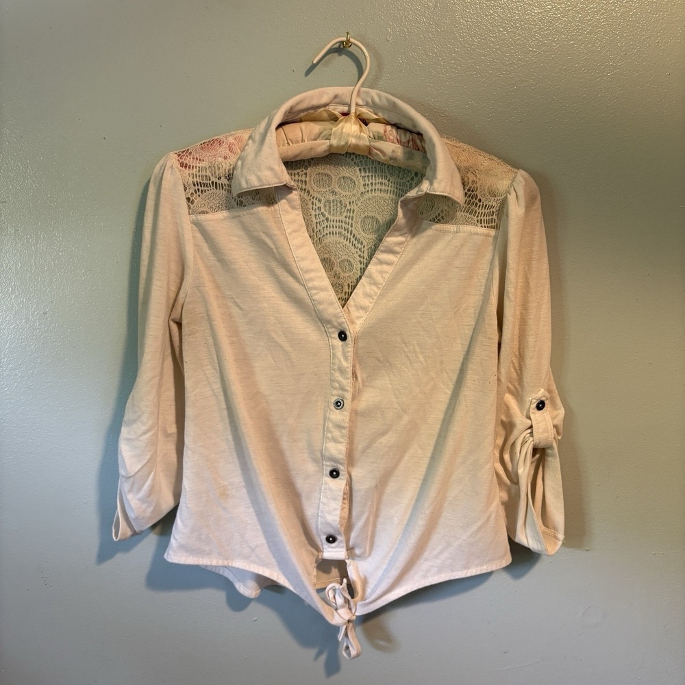 Bongo Skull Lace Peplum Shirt Large Cream 90s Y2K Layering Sheer Boho